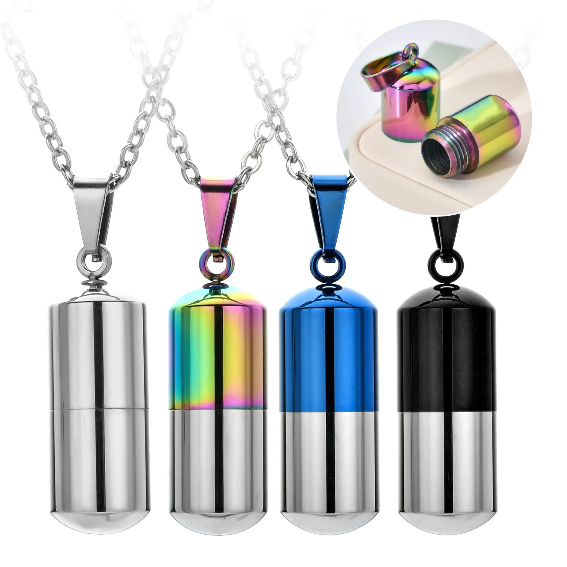 

MOLANXUAN Cool Men's Punk Open Capsule Necklace Perfume Bottle Pill Cross Stainless Steel Pendants Chain For Women Gift
