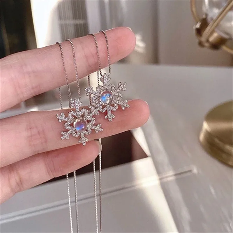 

925 Sterling Silver Moonstone Snowfake Charm Pendent Necklace For Women Girls Christmas Jewelry Gift Choker Collar dz885