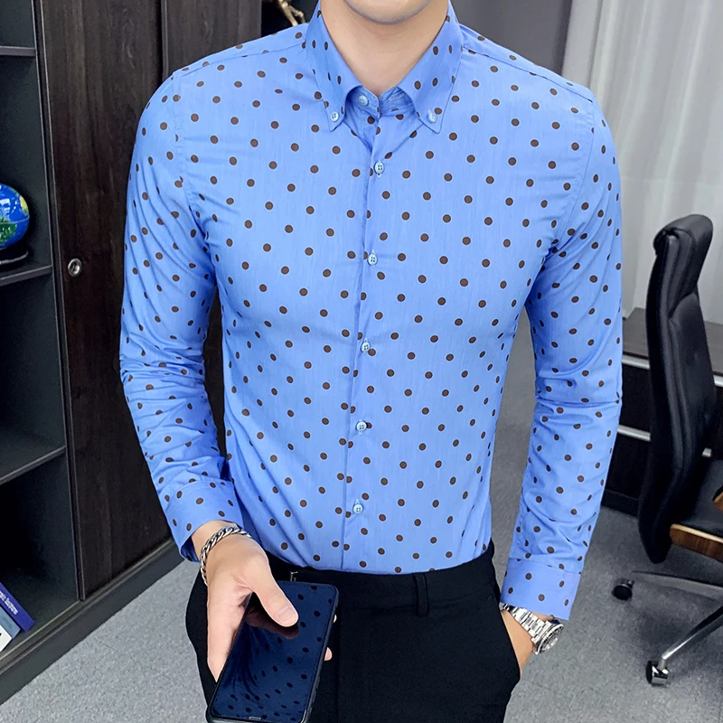 Fashion Print Casual Men Long Sleeve Shirt Stitching Dot printed Design Fabric Soft Comfortable Dress Slim Fit Style | Мужская одежда