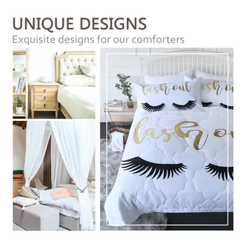 BlessLiving Eyelash Thin Quilt Gold and Black Summer Blanket 3-Piece Cute Eyes Comforter for Gilrs Microfiber Funny edredones 2