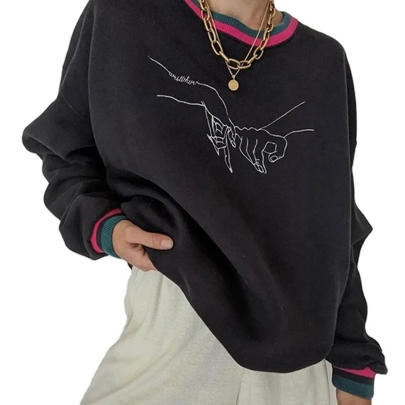 

Black Finger Print Pullovers Vintage Crewneck Sweatshirt Streetwear Women Oversized Hoodies Loose Casual Boyfriend Fashion Fall