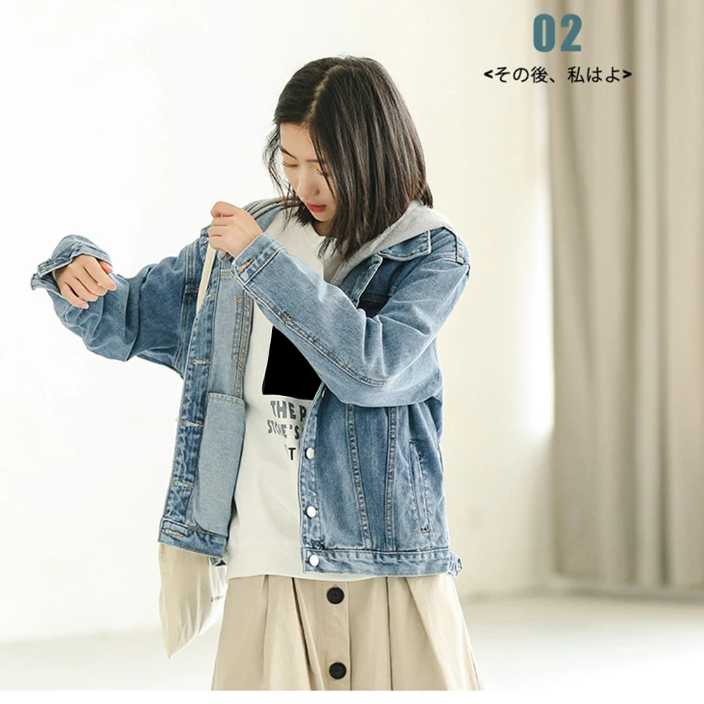 

Casual Loose Hooded Pocket Autumn Long Sleeve Denim Button Women Jacket