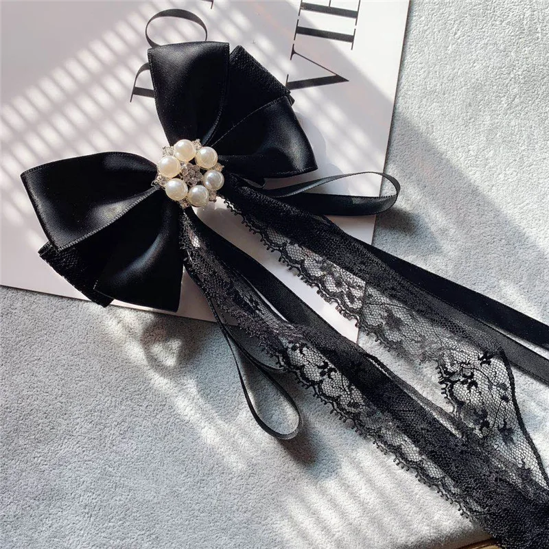 

Bow Tie Korean Women's Daily College Style Cute Girls Shirt Accessories Gifts Trendy Pearl Crystal Streamer Lace Bowtie