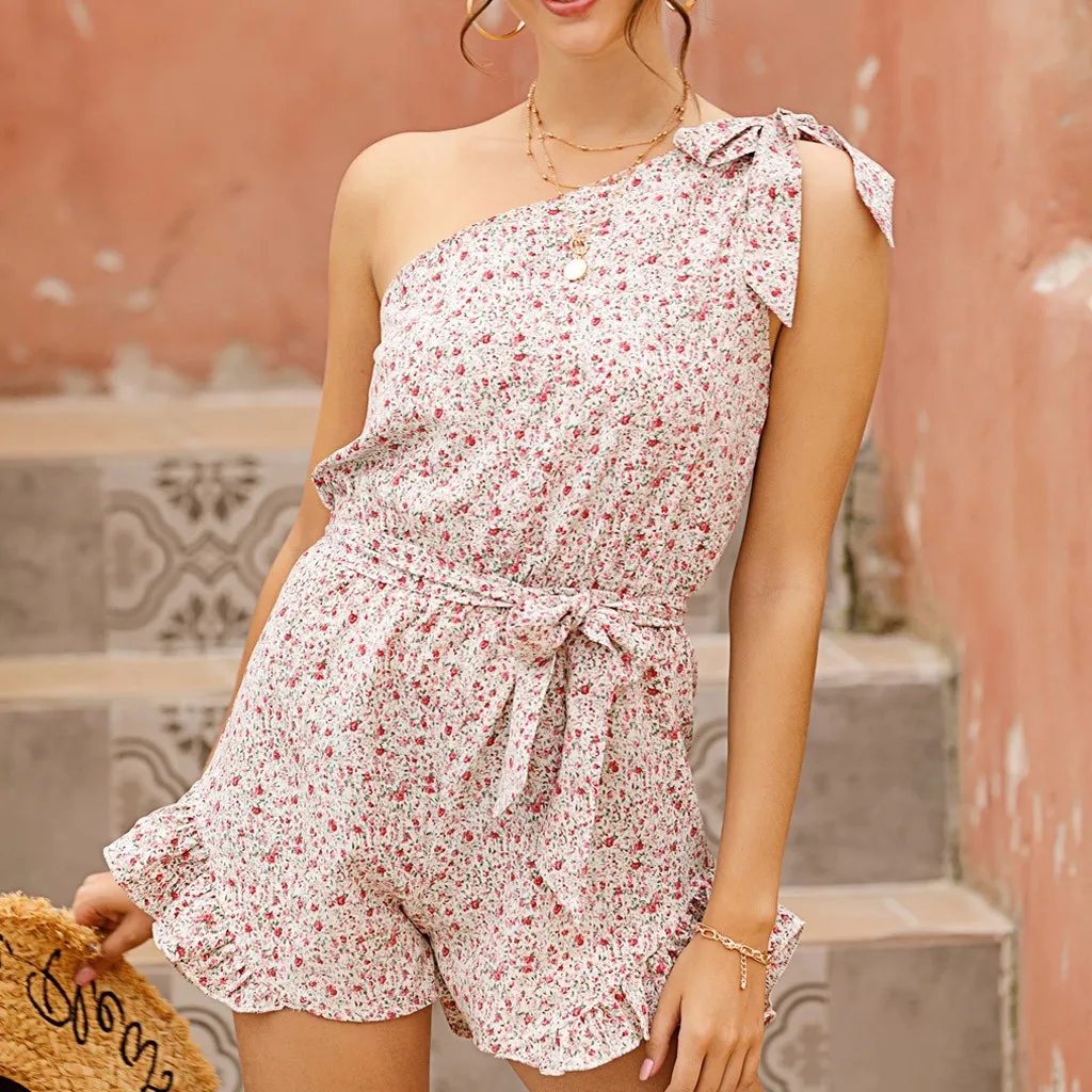 Женский комбинезон на одно плечо с принтом повседневный свободный женский