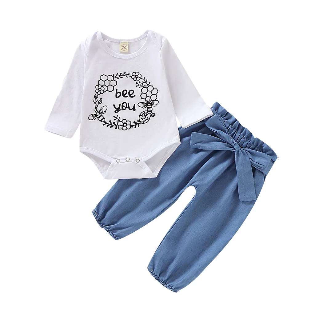 Комбинезон с буквенным принтом для маленьких девочек боди + джинсы имитацией