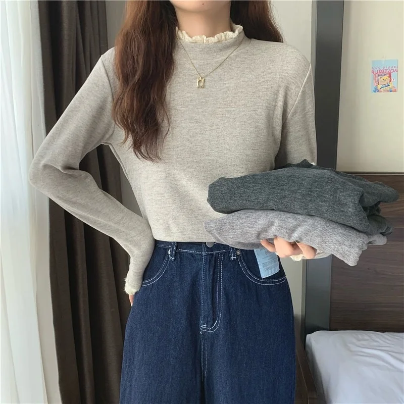 

Женская Корейская кружевная рубашка, однотонная Облегающая рубашка с длинным рукавом и высоким воротником, осень 2021