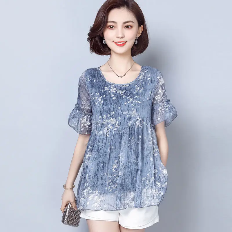 

Summer Floral Print Women Blouse 6XL Plus Size Chiffon Blouses Short Sleeve Beach Shirt Office Work Shirts Blusas Feminina Y955