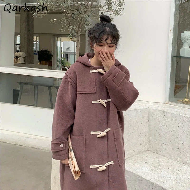 

Women Wool Blends Korean Style Horn Button Elegant Hooded Preppy Girls Loose All-match Autumn Winter Warm Cute Kawaii Casual Ins