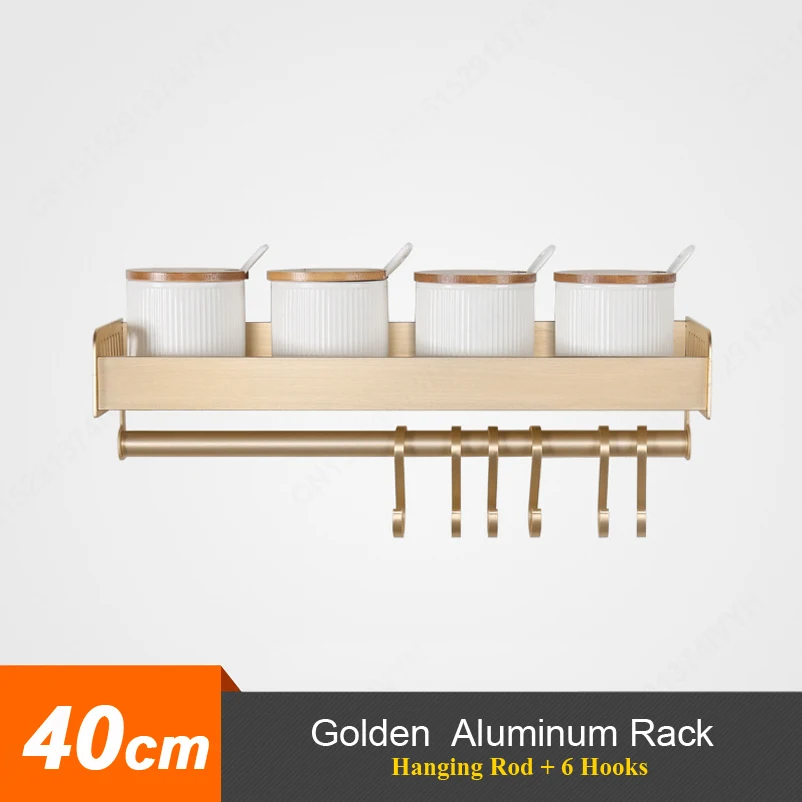 G-40cm Rack-Rod Многофункциональный кухонный держатель настенная кухонная стойка для Хранения Алюминиевая приправа банка Кастер Полка золотой черный кухонные аксессуары - Цвет: G-40cm Rack-Rod