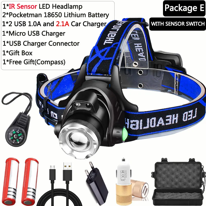 With Sensor-E Самый мощный светодиодный налобный фонарь для рыбалки T6/L2/V6, 3 режима, масштабируемая лампа, водонепроницаемый Головной фонарь, фонарь, фара 18650 - Испускаемый цвет: With Sensor-E