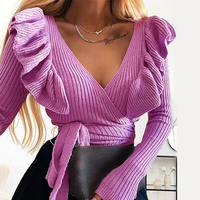 ardm fashion v neck cross woman sweaters elegant ruffled lace up pull femme winter full sleeve pullover women chic crop tops