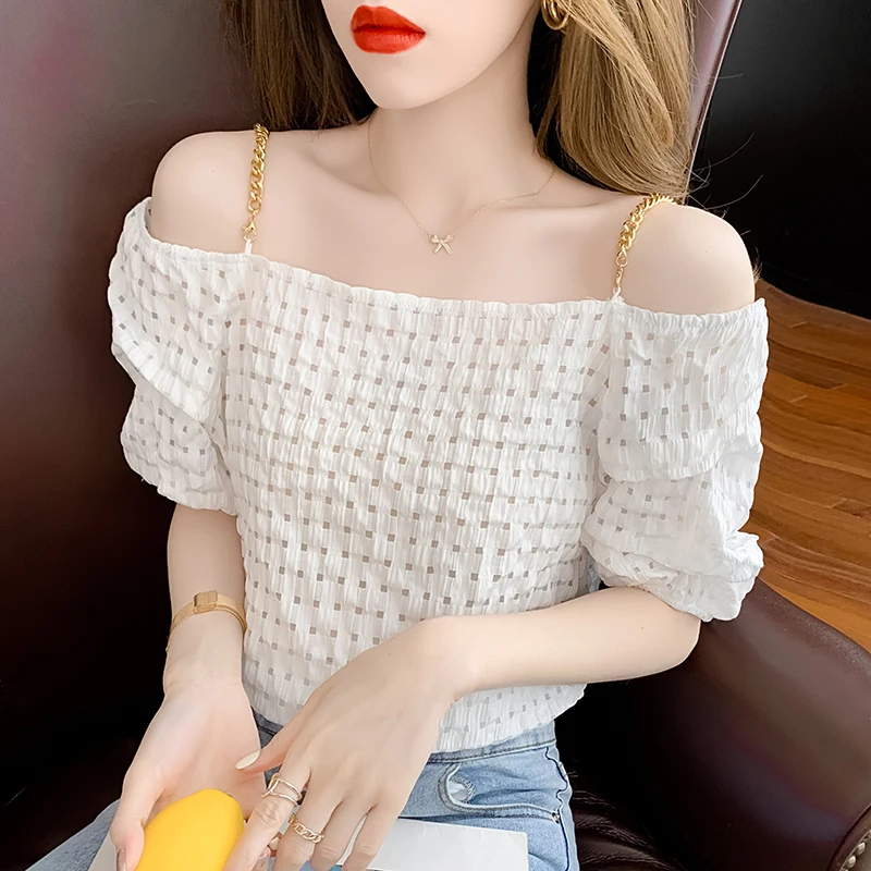 

Лето 2021, новый дизайн, сетчатый эластичный свободный топ с коротким рукавом-фонариком на одно плечо, привлекательная благородная женская фу...