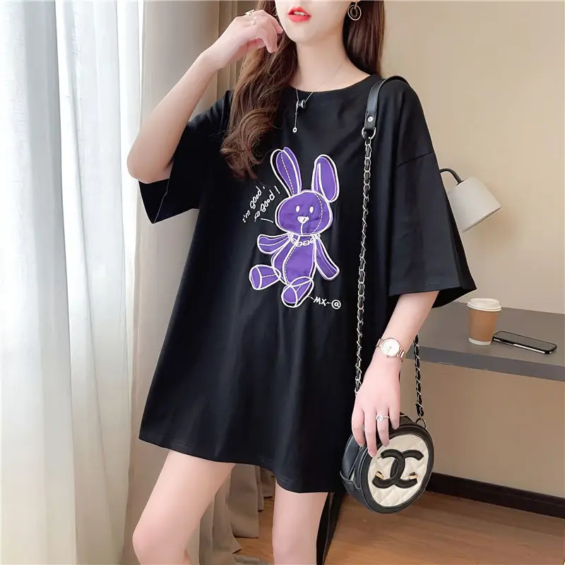 

Cotton large size 100.00kg embroidered short sleeve T-shirt women's summer 2021 new Joker loose long age reduction clothes