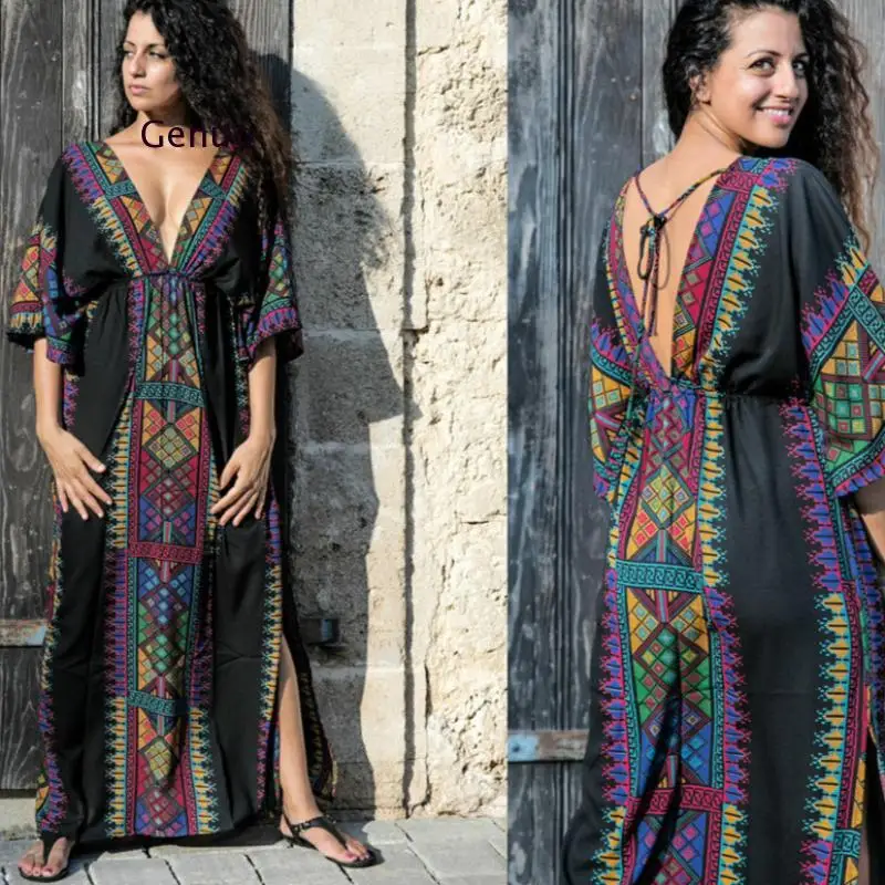 

Bohemian Printed Kaftan Women Beachwear Cotton Tunic Beach Cover Up Saida De Praia Swimsuit Bikini Cover-Ups Pareo Sarong