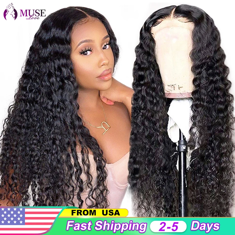 MUSE LOVE Lace Closure Human Hair Wigs Preplucked Brazilian Deep Wave Wig For Women 180% Deep Wave Curly Human Hair Closure Wigs
