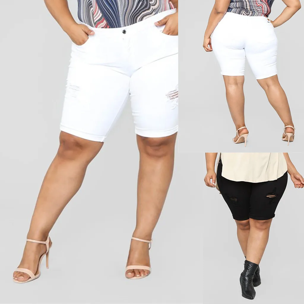 Women Elastic Destroyed Hole Leggings Short Pants Denim Shorts Ripped Jeans Plus Loose Medium Cut Pant W317 | Женская одежда