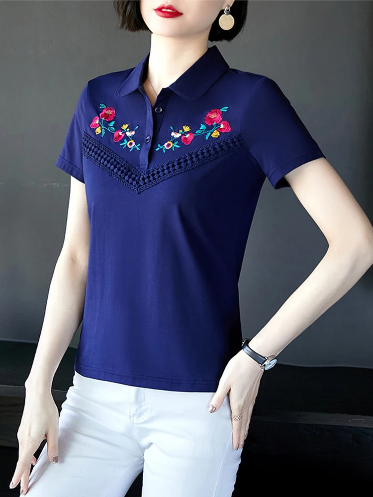 Рубашка-поло женская с цветочной вышивкой из хлопка |