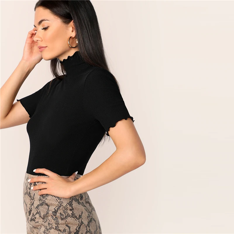 COLROVIE Lettuce Trim Form Fitted Rib-knit T-shirt Women Short Sleeve Casual Tops Female High Neck Elegant T-shirts