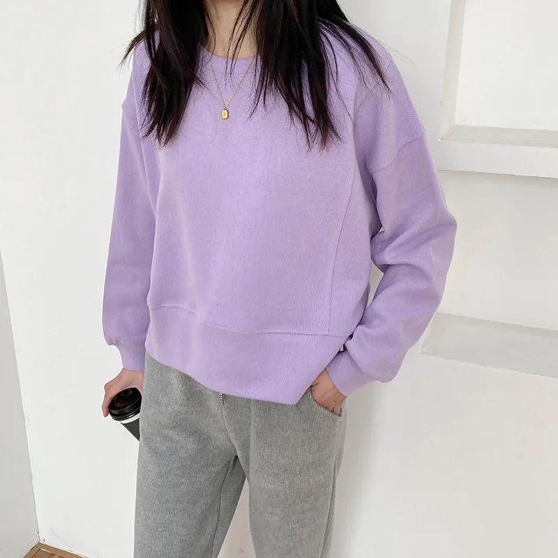 

Autumn Split Women Cropped Cotton Sweatshirts Round Neck Candy Color Long Sleeve Loose Casual Pullovers Sweatshirt Basic Tops
