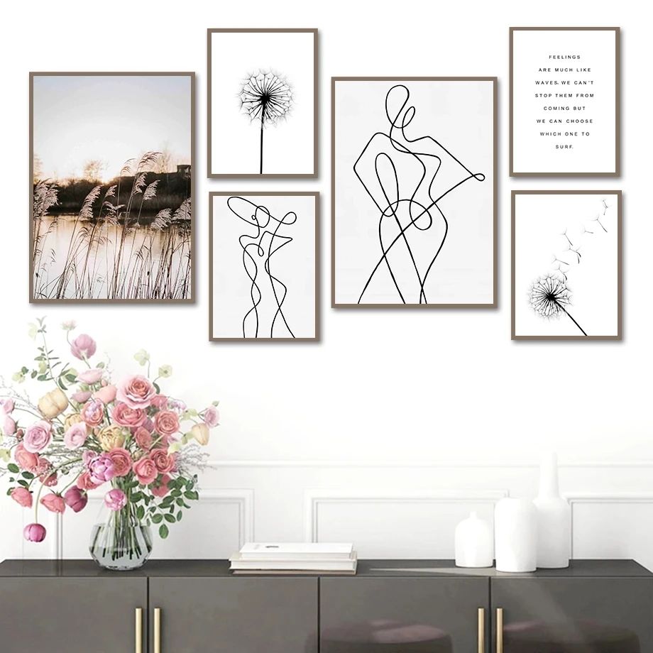 

Reed Girl Lines Dandelion River Abstract Wall Art Canvas Painting Nordic Posters and Prints Wall Pictures for Living Room Decor