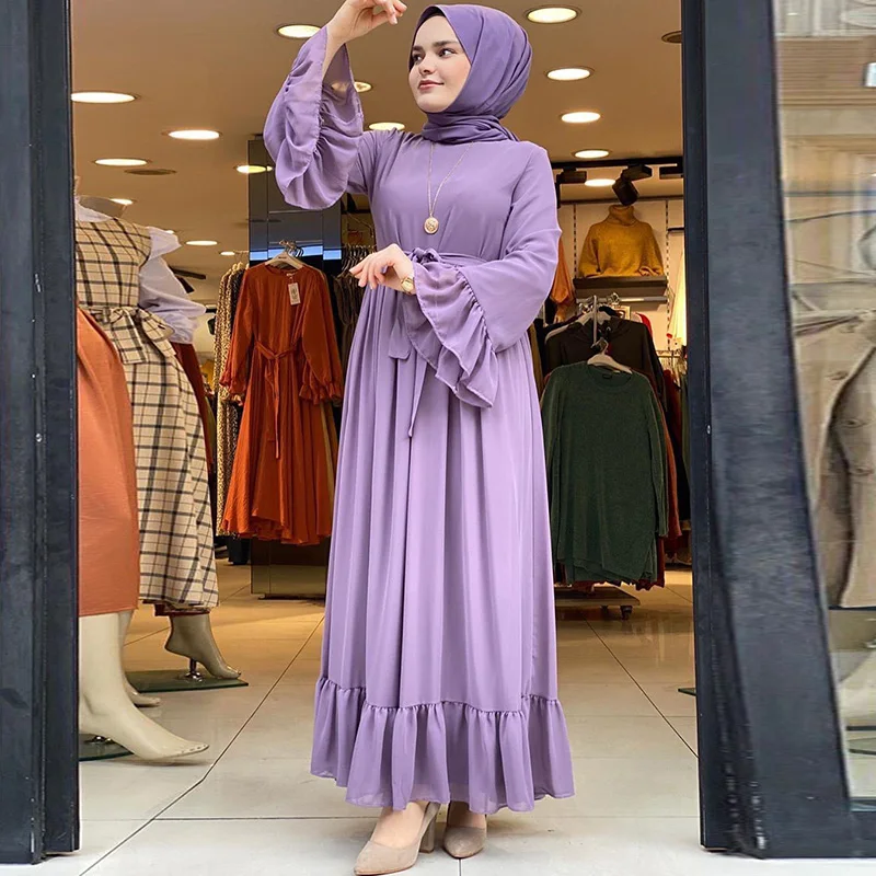 

Dubai Arab Islamic Shopping Dating Trumpet Sleeve Pleated Chiffon Dress Muslim Belt Women Robe Morocco Ramadan Mosque Dress