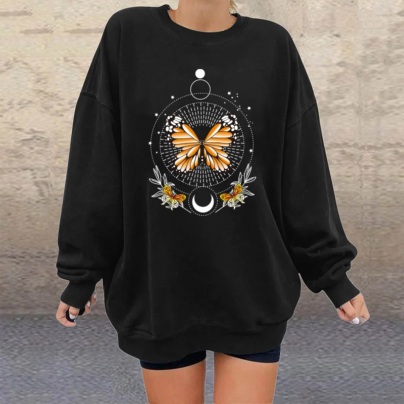 

2021 Vintage Women Sweatshirts Color Butterfly Print Drop Shoulder Femme Sport Tops Pullovers Long Sleeve Hoodies Swearshirt