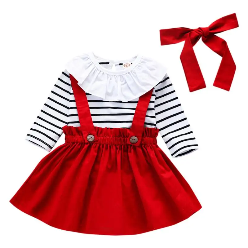 

Casual Clothes Set Baby Girls Round Collar Ruffled Splicing Long Sleeve Stripe Printing Spring Autumn Tops Strap Skirt Headband