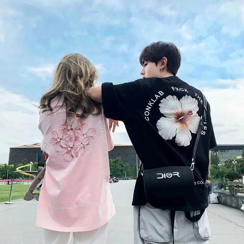 

2021 Flower Plus Size Couple Hip Hop Casual Couple Tees Short Sleeve T-Shirt Women Summer Loose Cotton Comfort T Shirt Lady Tops