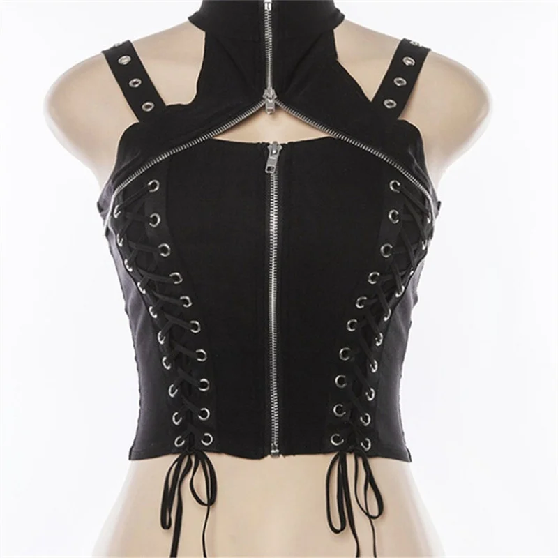 

Sleeveless Zipper Choker Halter Gothic Black Tank Bandage Fitness Crop Top Punk Camis Women Bodycon Strap Clubwear Tops