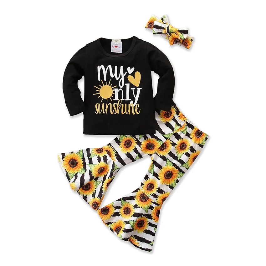

Hot Sale Fashion Toddler Girl Clothing Top with Sunflower Printed Bell Bottom Pants Regular Outfits Kids Fall Clothes