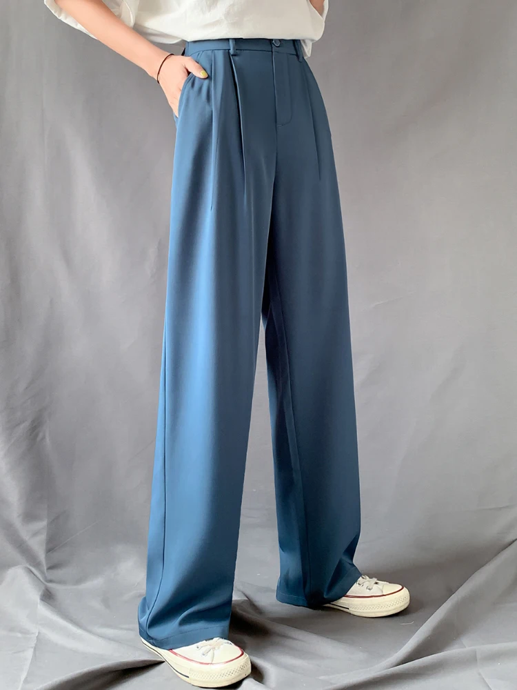 

5 Colors High Waist Mopping Pants Women 145-175cm Wide Leg Drape Female Summer Thin Comfortable High Straight Purple Suit Pants