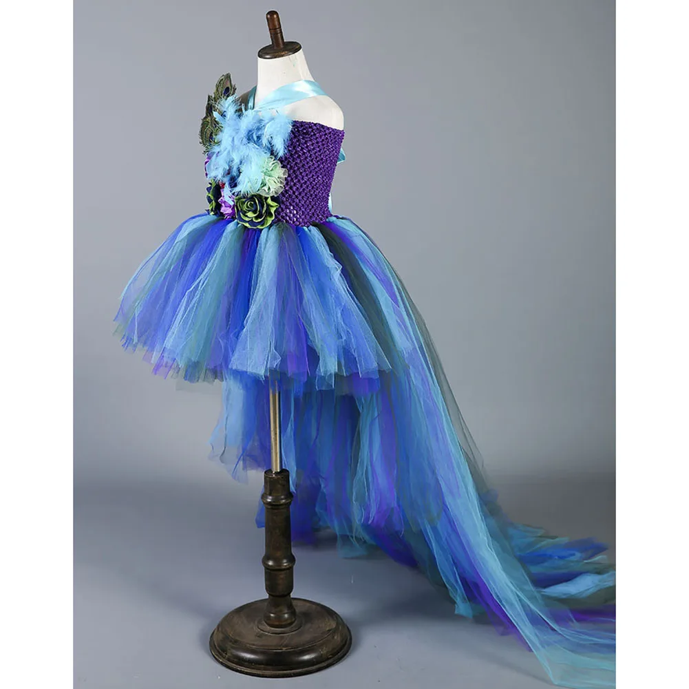 Elegant Princess Peacock Feather Dress for Girls Tutu Dress Long Tail Girls Party Dress Kids Flower Christmas Dress Girl Clothes