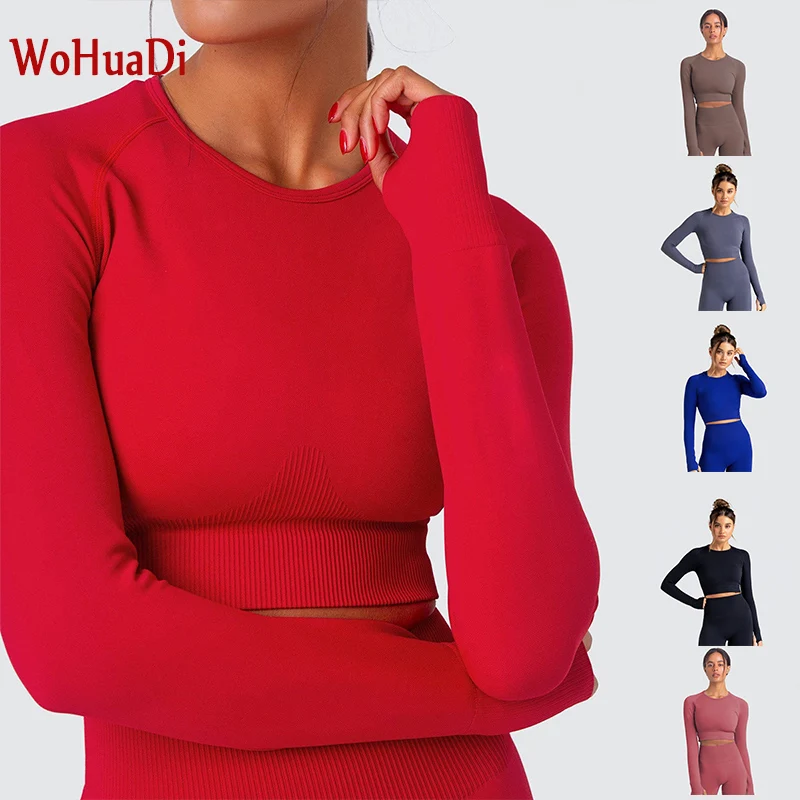 

WOHUADI Sexy knitted Seamless Long Sleeve T-Shirt Gym Sports Yoga Women Shirts Fitness Crop Top Sport Wear Workout Athletic