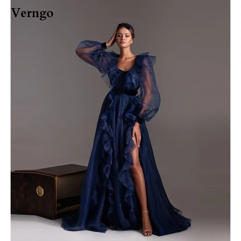 Verngo Elegant Navy Blue Tulle Evening Dresses Long Puff Sleeves V Neck Ruffles High Slit Prom Gowns With Sash 2021 Garment