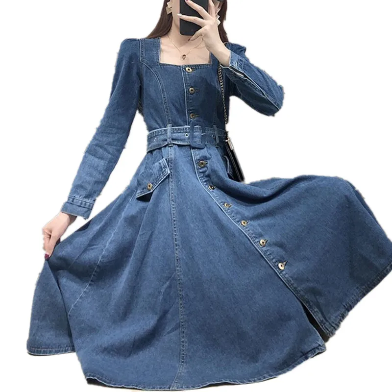 Осенне зимнее модное джинсовое платье с квадратным вырезом женское облегающее