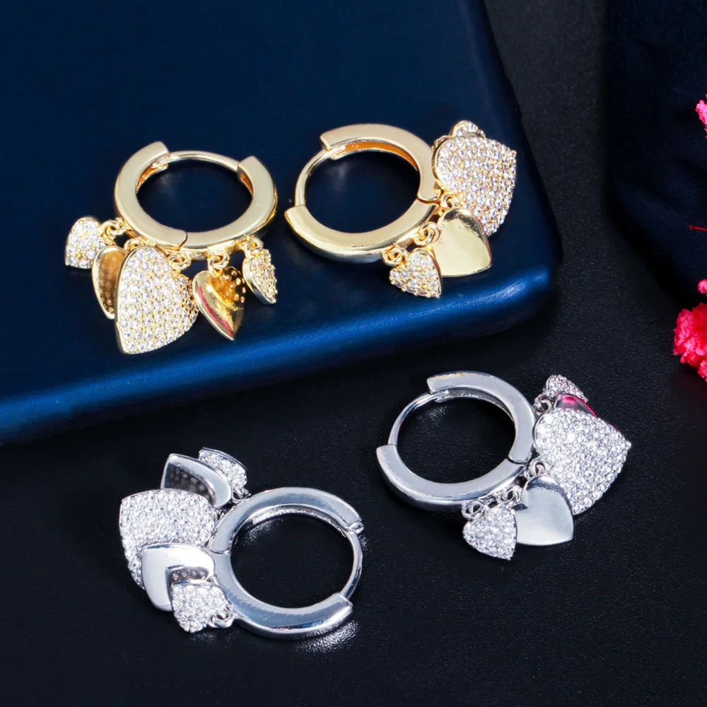 Фото Серьги-кольца Pera Brand Design с подвесками в виде сердца, бразильского золотого цвета, с фианитами, для женщин, праздничные украшения E750 №5
