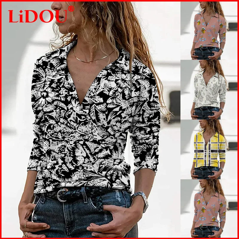 

Elegant Retro Long Sleeve Tops Slim Fit Aesthetic Streetwear V-neck T Shirt Femme Autumn Women Turndown Collar Printed T-shirt
