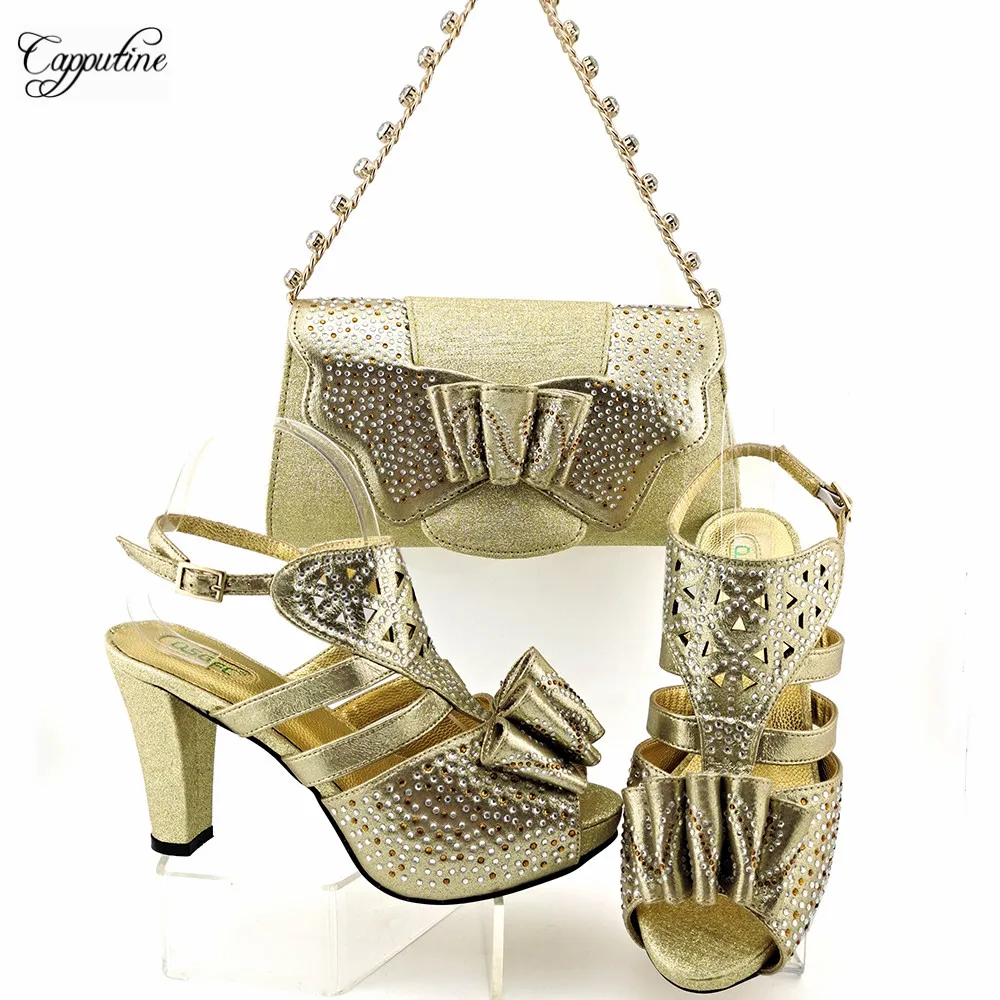 

Latest Women Shoes and Bags To Match Set Italy Design Gold Nigerian Party Sandals With Handbag Clutch Plus Size MM1129 10CM