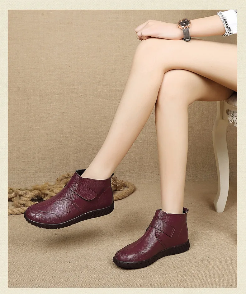 GKTINOO/ г. Зимние женские ботинки из натуральной кожи ручной работы г. botas Mujer, однотонные Зимние ботильоны без застежки ботинки на плоской подошве