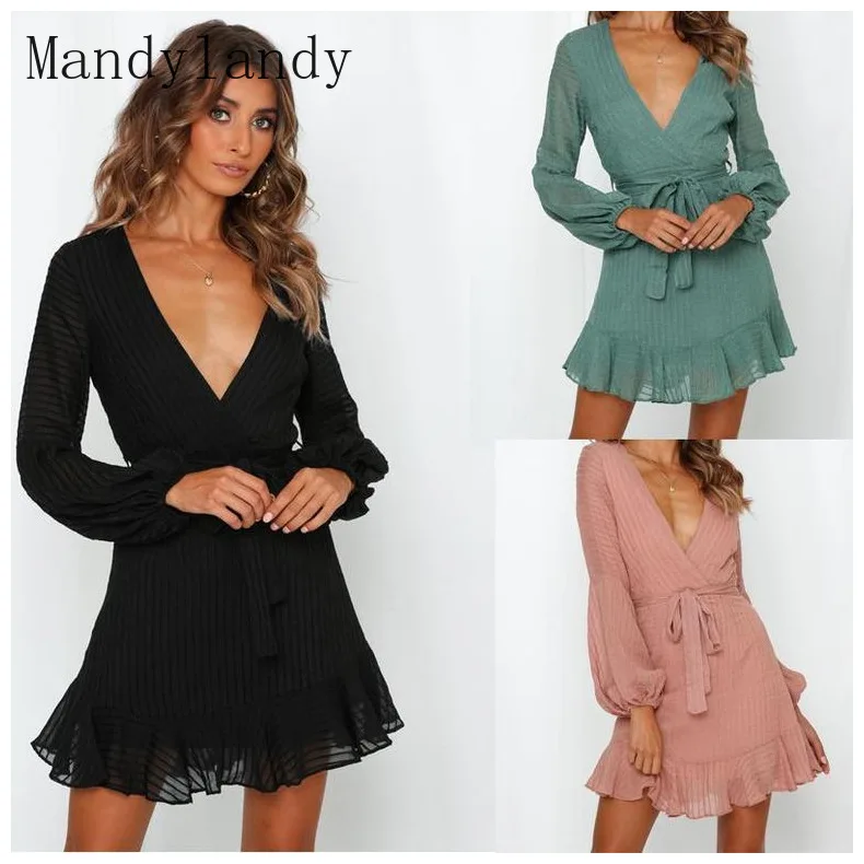 

Mandylandy Spring Autumn Lace Up Slim Dress Women's Sexy Long Sleeve V-neck Solid Color High Waist Ruffles Stitching Dress