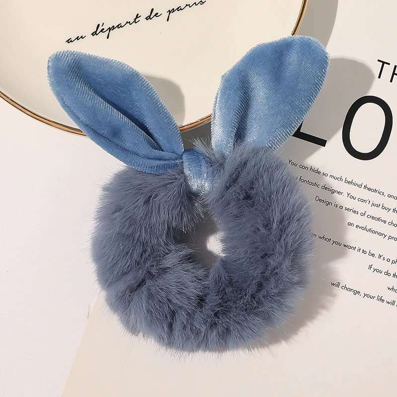 

Cute Plush Rabbit Ear Elastic Hair Bands Women Floral Striped Faux Rabbit Fur Scrunchies Rubber Band Hair Ties Hair Accessories