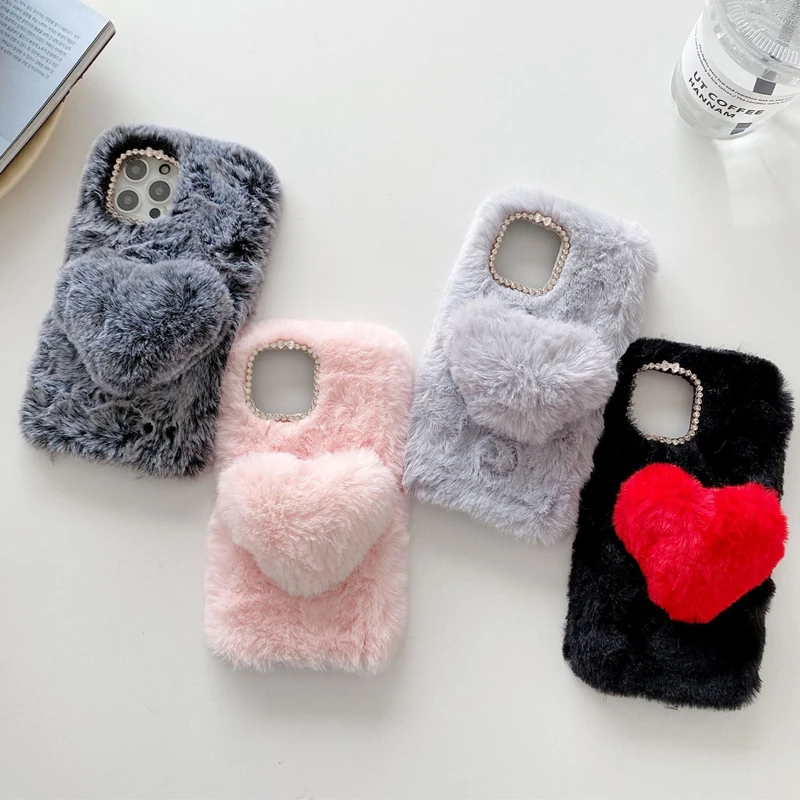 

Signalshin Love Heart Fluffy Fur Phone Case For iPhone 7 8 8Plus X XR XS MAX 11 12 Pro Max 13 Mini Soft Rabbit Hair Plush Cover