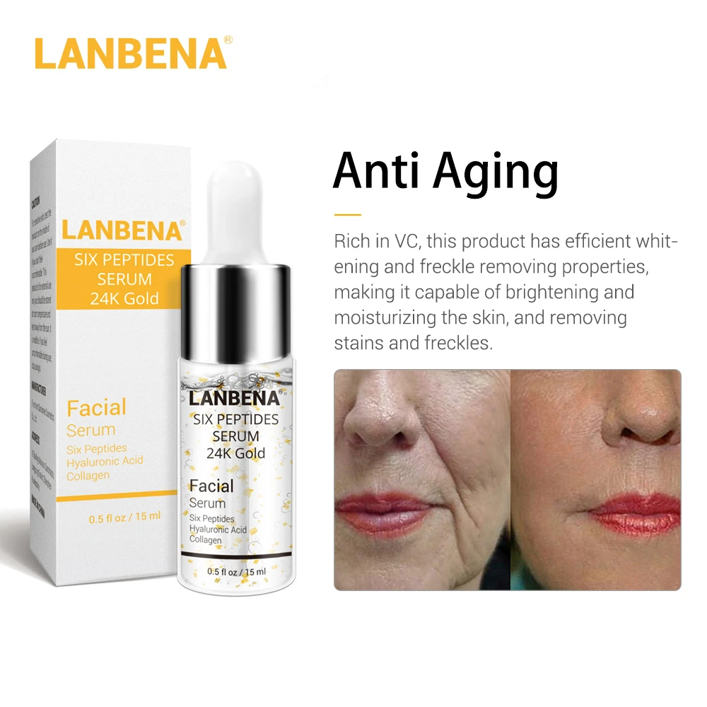 

LANBENA Facial Serum 24K Gold Six Peptides Serum Skin Care Anti Aging Wrinkle Lift Firming Whitening Moisturizing Acne For Face