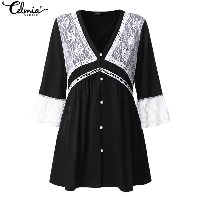 Блузка Celmia женская с расклешенным рукавом модная повседневная кружевная рубашка