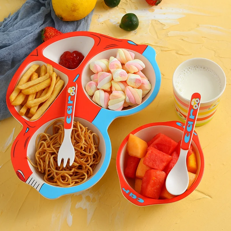 

3 Pcs Eco-Friendly Bamboo Fiber Baby Plate Spoon Fork 4 Slots Children Tableware Sets Baby Kids Dinnerware