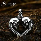 Стальной солдат двойной череп, сердце дизайн панк Байкер кулон из нержавеющей стали ожерелье цепь трендовые ювелирные изделия