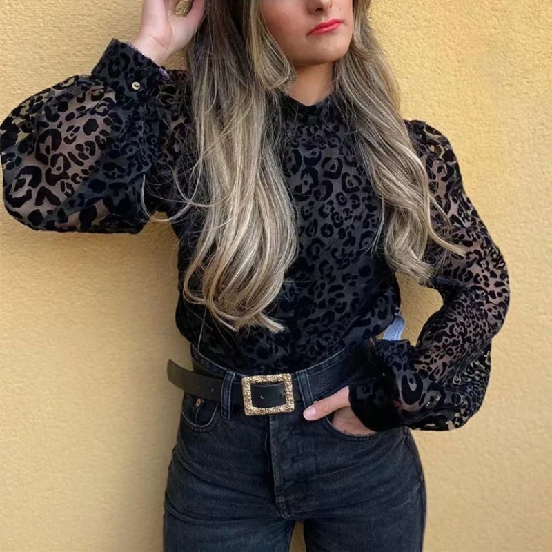 

PUWD Sexy Woman Black Leopard Lace Patchwork Blouse 2021 Spring Fashion Ladies Ruffles Seethrough Tops Female Elegant Shirts