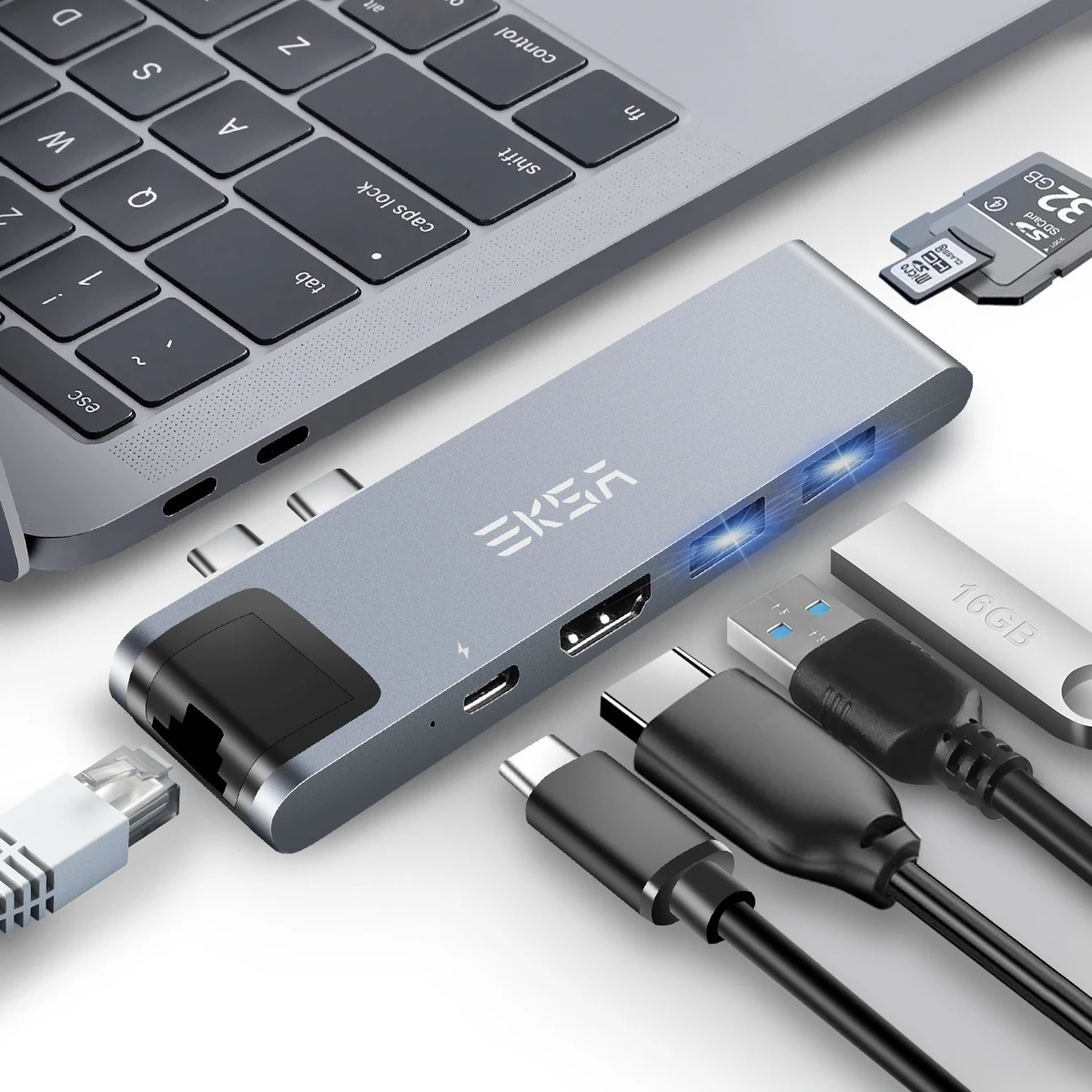 EKSA 7 в 1 USB C концентратор с кардридером HDMI 4K двойной 3 0 Порт Thunderbolt RJ45 1000M адаптер для