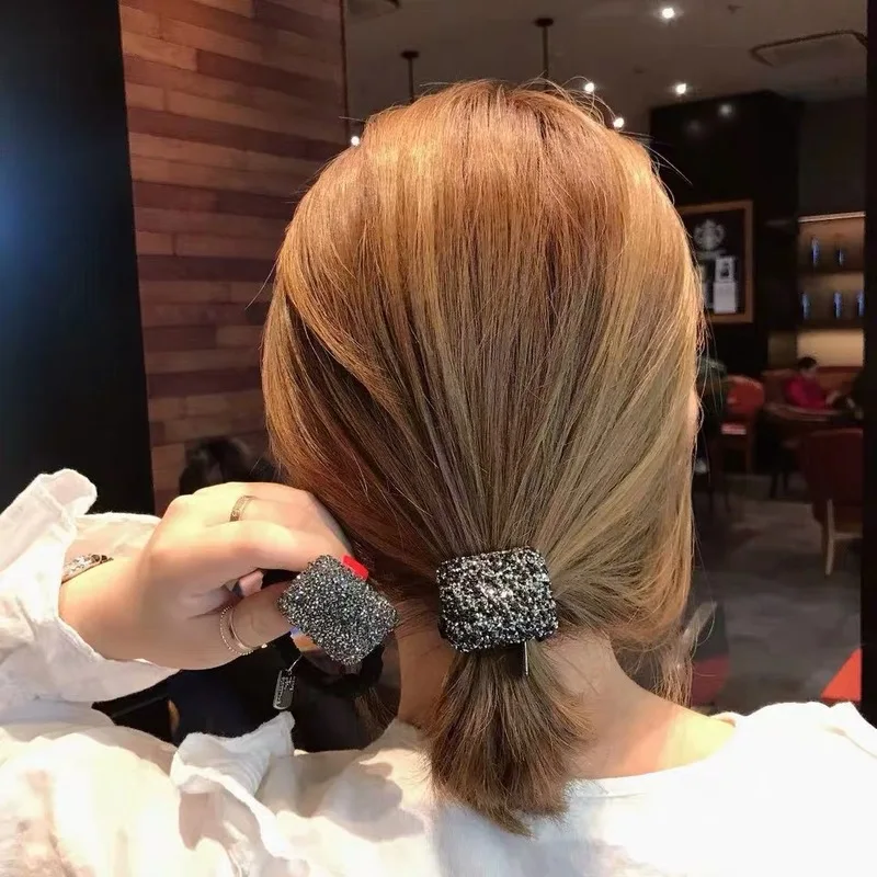 High Elastic Rope Adult rhinestone Hair Bands Accessories For Women's Acrylic Love square Rubber Tight Scrunch | Аксессуары для