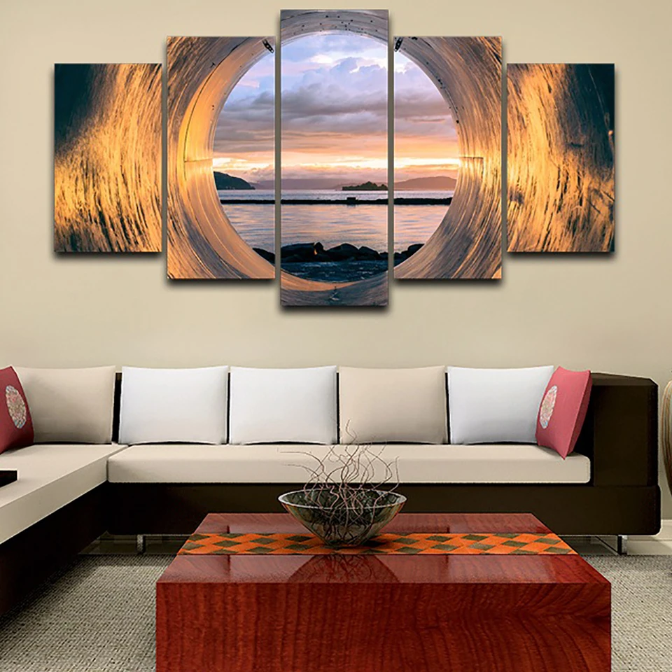 

5 Pieces of Wall Art Painting Modular Poster Modern Home Decoration Sunset Sea View Living Room HD Print Picture Without Frame
